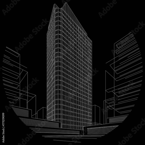 Vector art of a wireframe drawing of a modern skyscraper in a city, showcasing architectural design and urban development