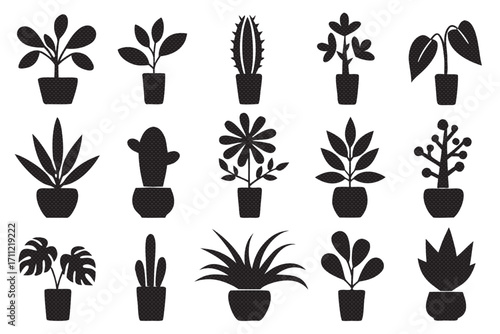 Diverse potted plant silhouettes, showcasing a variety of indoor greenery in a simple and elegant design for decoration
