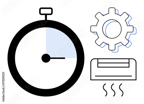 Timer with shaded section, gear, and air conditioner outlines with heat lines emphasize efficiency, time management, automation, workflow, comfort, technology and optimization. Simple flat metaphor