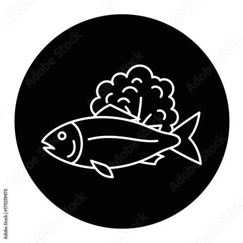 Vector art of stylized white line drawing of a fish with a broccoli floret on its back, set against a solid black circular background, representing healthy eating or seafood