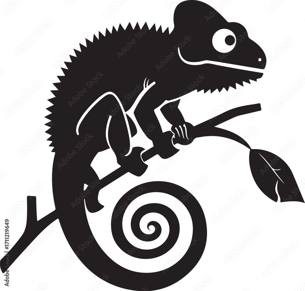 Fototapeta premium Stylized chameleon perched on branch with curled tail