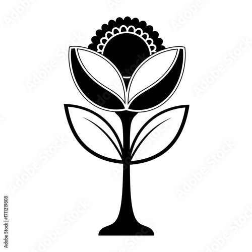 Vector art of stylized black and white illustration of a flower with a scalloped top and broad leaves