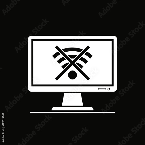 Vector art of computer monitor displaying a no wifi signal icon, isolated on