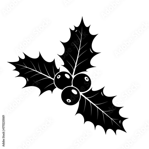 Vector art of black silhouette of a holly sprig with three berries