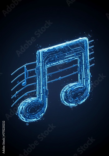 Abstract Glowing Blue Music Note, Digital Art