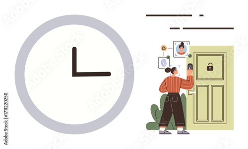 Woman authenticating access with facial recognition at a secured door beside a large clock icon. Ideal for security, technology, time management, smart home, innovation, cybersecurity, organization