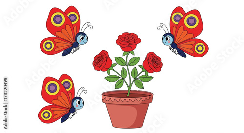 Vector art of three red butterflies flying around a potted rose plant with red roses