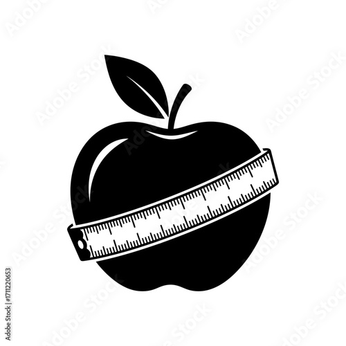 Vector art of black silhouette of an apple with a measuring tape wrapped around it