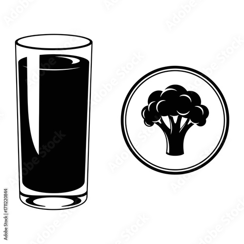 Vector art of black and white illustration of a glass of dark liquid next to a broccoli icon, suggesting healthy drinks and vegetables