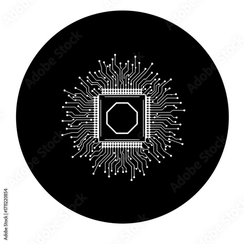 Vector art of stylized black circle with a white microchip or processor, symbolizing technology and computing