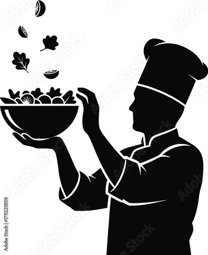 Silhouette of a chef tossing ingredients in a bowl, isolated on white background, capturing the essence of culinary artistry and food preparation
