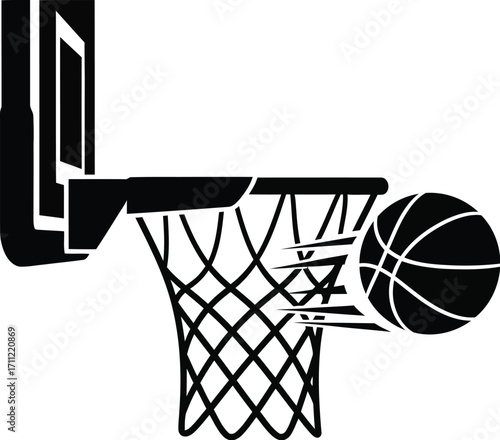 Silhouette of a basketball going through the net, isolated on white background, symbolizing sport, competition, and athletic achievement in a minimalist design