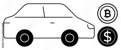 Black and white car with nearby Bitcoin and dollar coins representing diverse payment methods. Ideal for finance, cryptocurrency, auto industry, commerce, digital economy, transport, simple flat