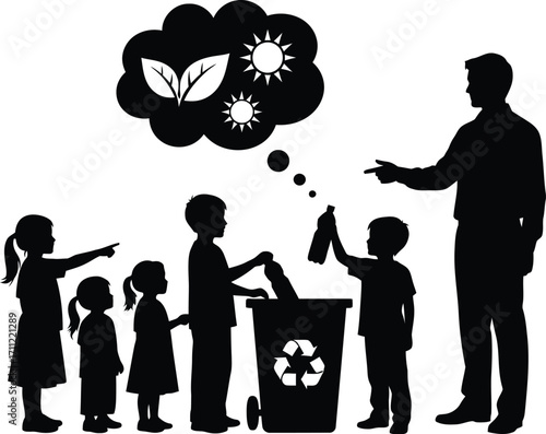 Silhouette of a teacher teaching children about recycling and environmental protection isolated on white background, with a recycle bin