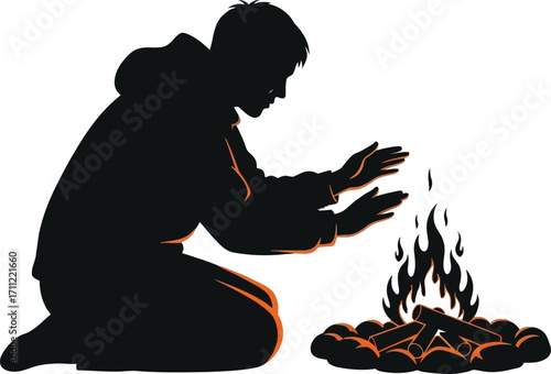 Silhouette of a man warming his hands by a campfire isolated on white background the figure is kneeling and the fire is small and contained