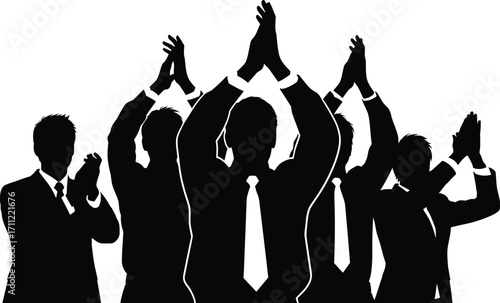 Silhouette of a group of business people applauding isolated on white background the figures are wearing suits and ties, and their hands are raised