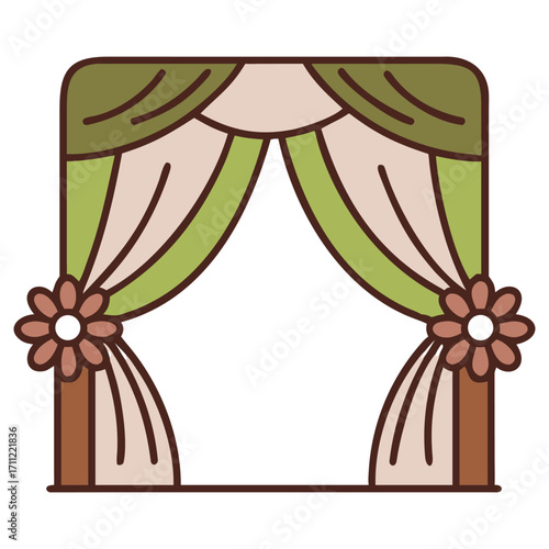 Decorative draped curtains with floral accents and valance