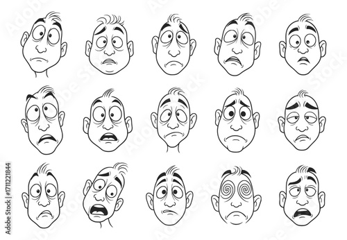 A series of black-and-white cartoon illustrations showing a man's face with various worried, anxious, and confused expressions.