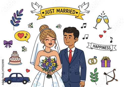 Vector art of happy bride and groom in wedding attire with celebratory elements like cake, car, and doves, symbolizing love and marriage