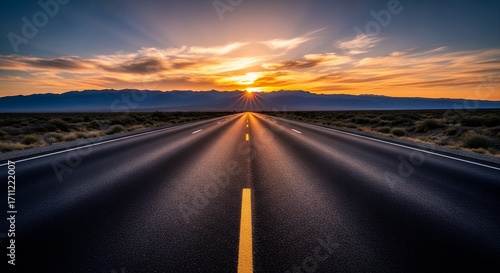A long, straight highway stretches to the horizon, lit by a vibrant sunset and distant mountains. Concept for travel planning, achieving goals and open road adventures