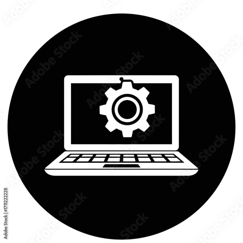 Vector art of a white silhouette of an open laptop computer displaying a gear icon on its screen, symbolizing technology, settings, or repair
