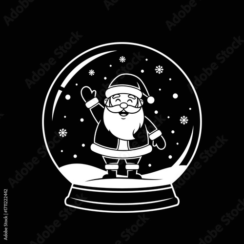 Vector art of a cheerful cartoon illustration of santa claus inside a snow globe, waving happily, perfect for christmas and holiday themes