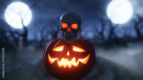 Halloween pumpkin with skull in a spooky forest at night