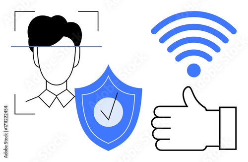 Face scan with blue shield and checkmark, wireless symbol, and thumbs up highlighting security, access control, biometrics, validation, technology integration, authentication, simple landing page