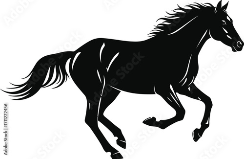 A black horse galloping isolated on white background, showcasing its powerful muscles and elegant form in a dynamic and energetic silhouette