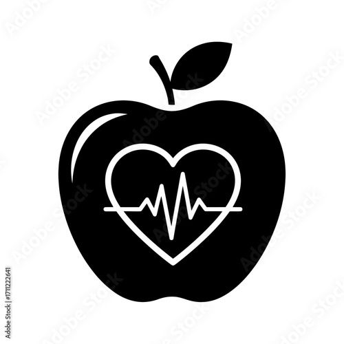 Vector art of black silhouette of an apple with a heart shape containing a heartbeat line inside