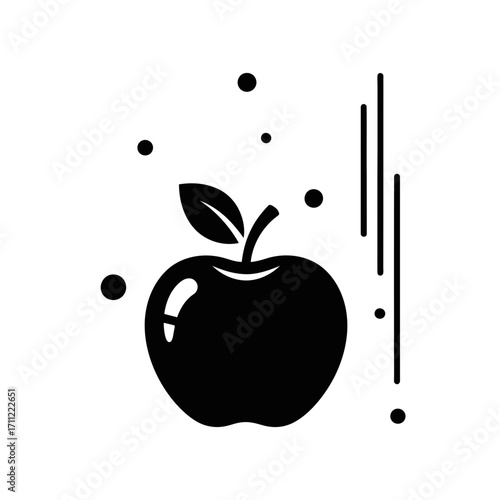 Vector art of a stylized black silhouette of an apple with a leaf, surrounded by scattered dots and vertical lines, isolated on a