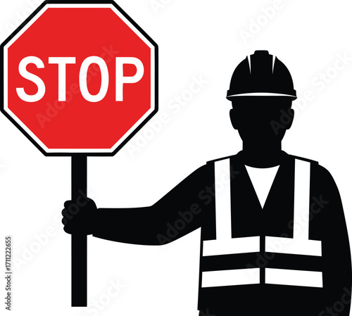 Construction worker holding stop sign isolated on white background to halt traffic for safety and prevent accidents on site