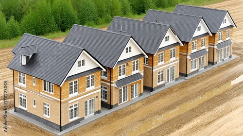 Aerial View of Tan Houses with Gray Roofs on Muddy Ground