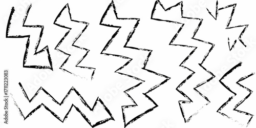 Abstract black and white jagged zigzag lines with a rough brushstroke texture and subtle shadow effect