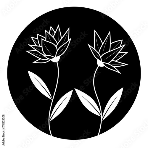 Vector art of two stylized white flowers with leaves on stems against a black circular background, minimalist design