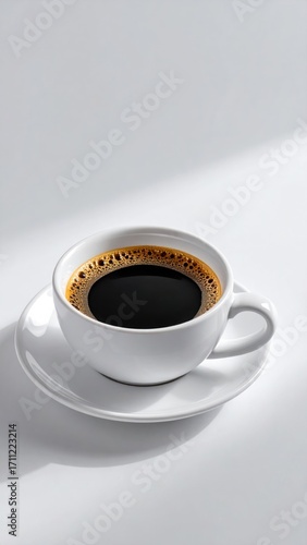 Steaming black coffee in a white ceramic cup, sitting on a saucer against a bright, minimalist background with soft shadows
