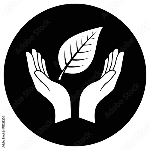 Vector art of white silhouette of two cupped hands gently holding a single green leaf, symbolizing environmental care and growth