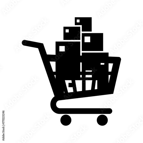 Vector art of black silhouette of a shopping cart filled with boxes, representing online shopping and delivery