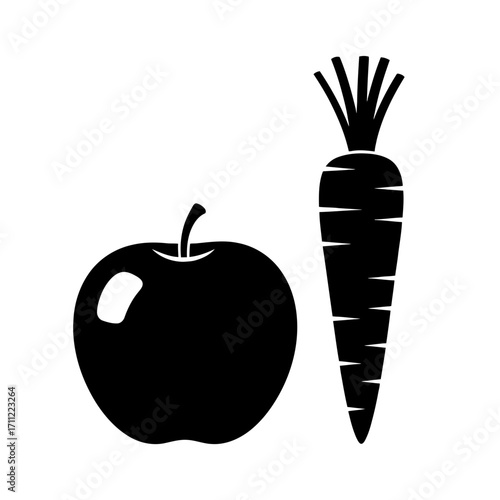 Vector art of black silhouette of an apple and a carrot, representing healthy food and nutrition