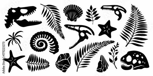 Collection of black silhouette icons representing dinosaur skulls fossils plants and shells on white background