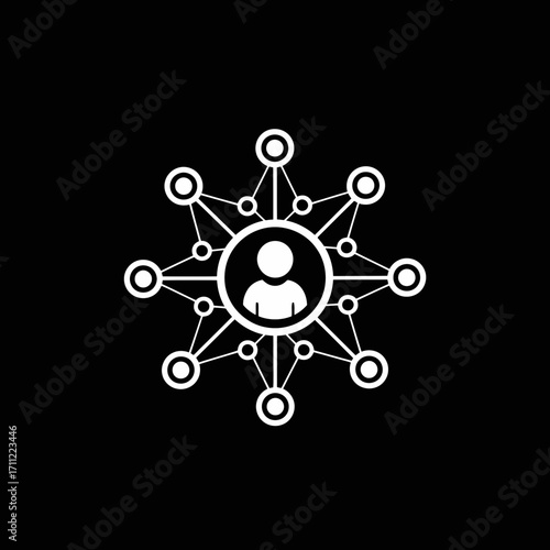 Vector art of abstract network icon with a central person symbol connected to multiple nodes, representing connection, community, or social network