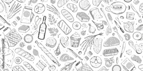 Hand drawn sketchy food and baking ingredients pattern with bread wine and kitchen utensils