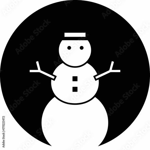 Vector art of a simple, stylized icon of a snowman with a hat, buttons, and stick arms, set against a black circular background, representing winter and cold weather