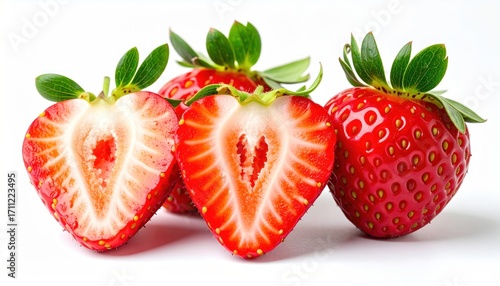 Close-up of fresh strawberries, one halved, revealing juicy red flesh, with green leafy tops, set against a crisp white background