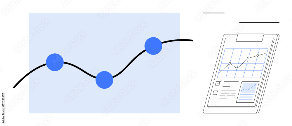 custom made wallpaper toronto digitalLine graph with blue points on a curve and clipboard displaying charts and data insights. Ideal for business, analytics, finance, strategy, performance, research, progress. Clean flat metaphor