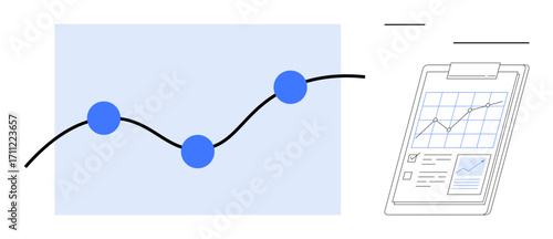 Wallpaper Mural Line graph with blue points on a curve and clipboard displaying charts and data insights. Ideal for business, analytics, finance, strategy, performance, research, progress. Clean flat metaphor Torontodigital.ca