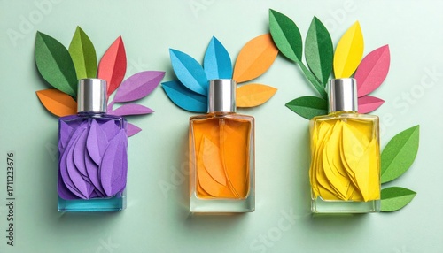 Three rectangular perfume bottles fill with vibrant, layered paper. Colorful paper leaves sprout up from tops, on light green background