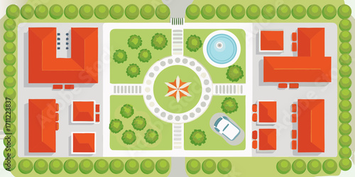 Top down view of a stylized urban neighborhood with buildings green trees and a central park area