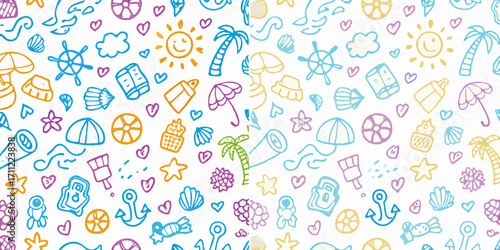 Colorful hand drawn summer vacation icons seamless pattern on white background