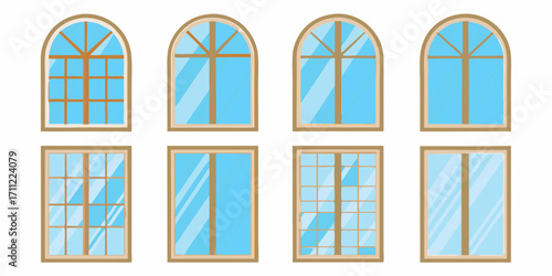 Collection of various arched and rectangular window designs with wooden frames and blue glass panes